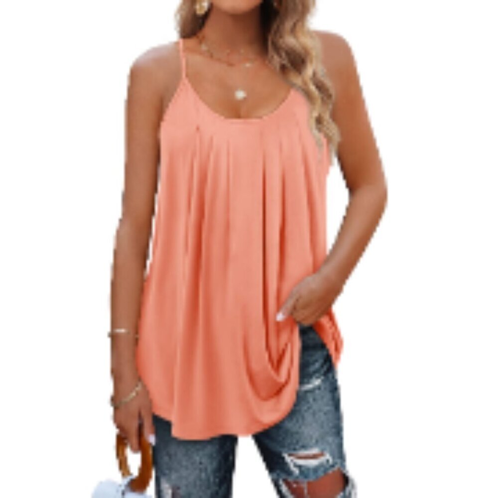 Polyester Rayon Spandex Pleated Camisole Tank Top Scoop Neck Loose Fit